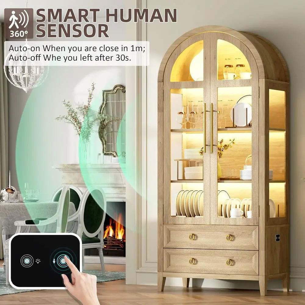71-Inch Arched Glass Curio Cabinet with 4 Shelves, 2 Drawers, 3-Color Lighting, Wood-Tone Kitchen Pantry