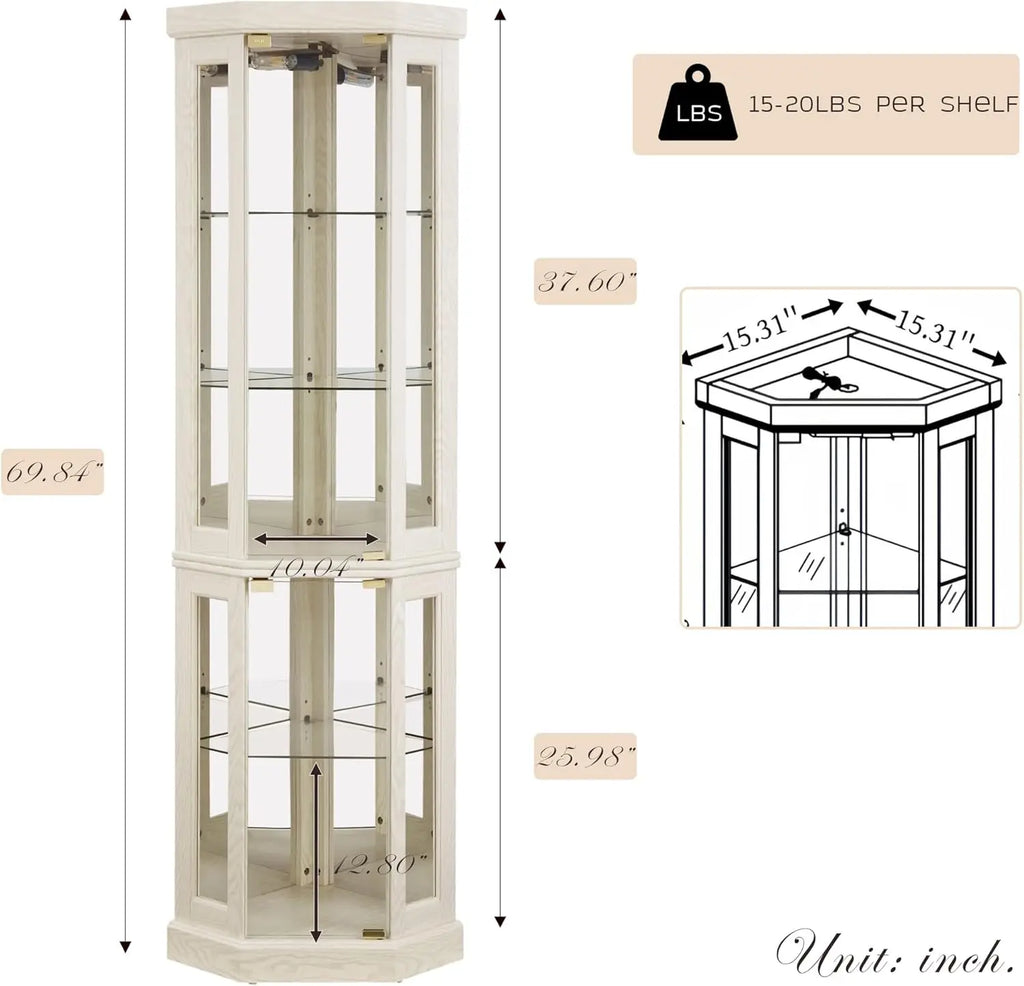 Corner Curio Cabinet, 70" H Lighted Glass Display Cage with Tempered Glass Doors and Adjustable Shelves, Bulb Inclued, Wine B