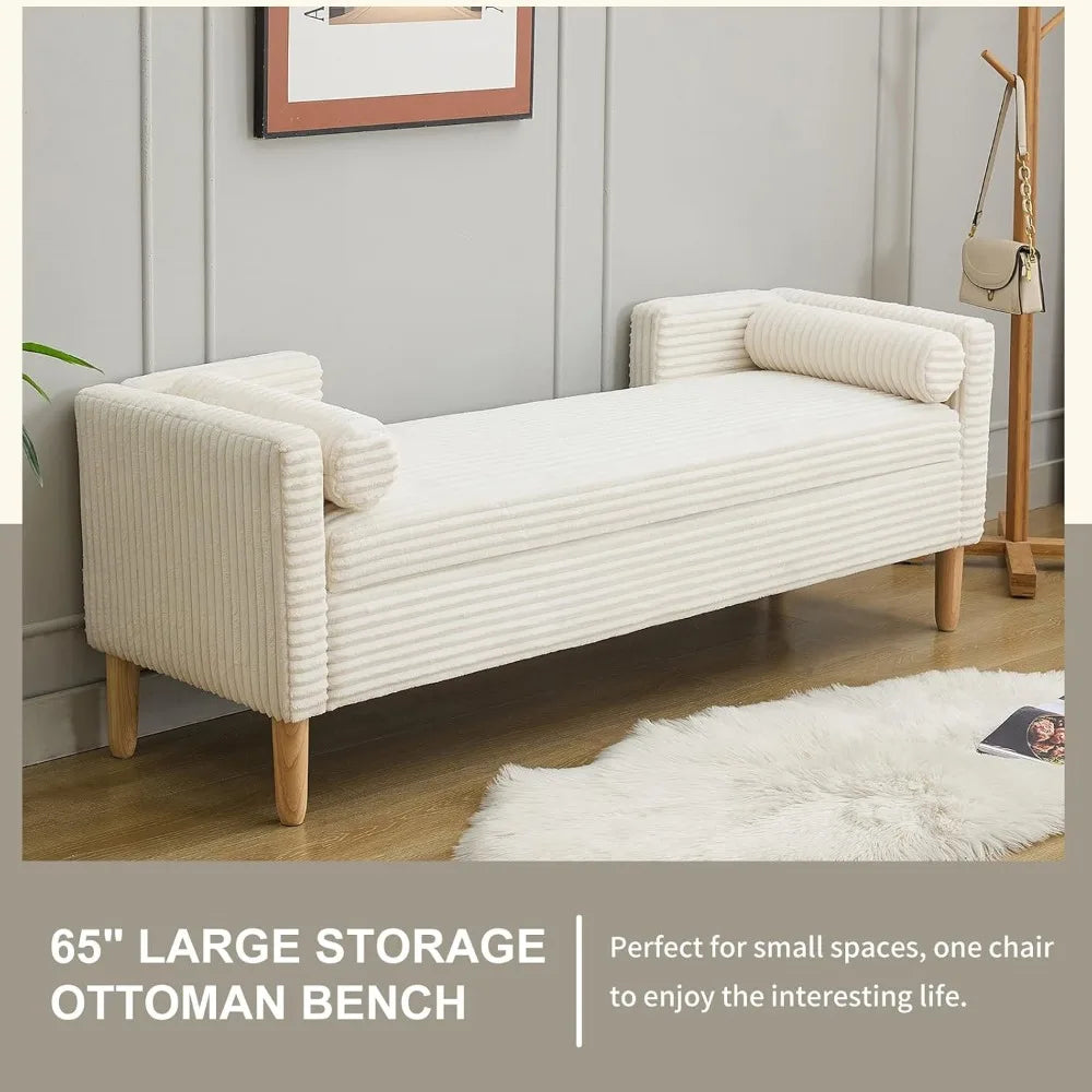 End of Bed Bench wit 65" Large Storage Ottoman Bench with 2 Pillows, Corduroy Upholstered Entryway Bench