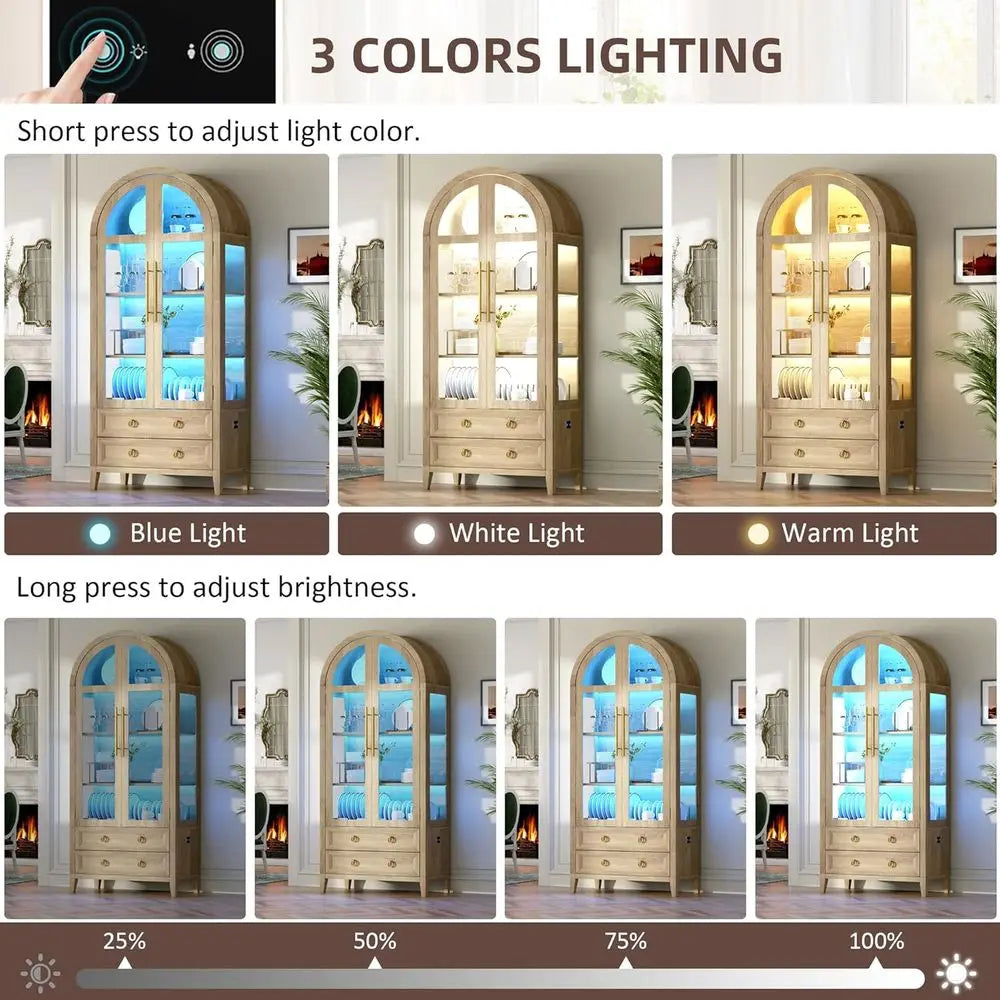 71-Inch Arched Glass Curio Cabinet with 4 Shelves, 2 Drawers, 3-Color Lighting, Wood-Tone Kitchen Pantry