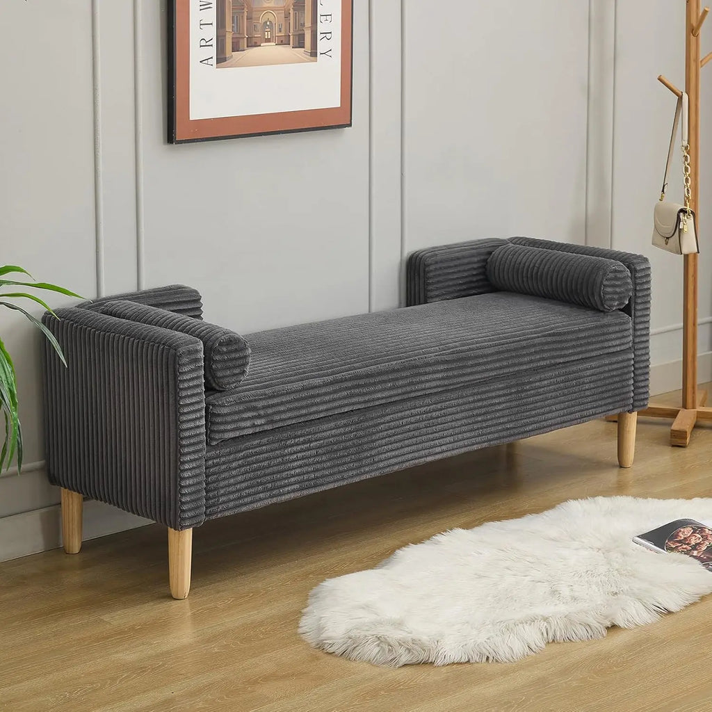 End of Bed Bench wit 65" Large Storage Ottoman Bench with 2 Pillows, Corduroy Upholstered Entryway Bench