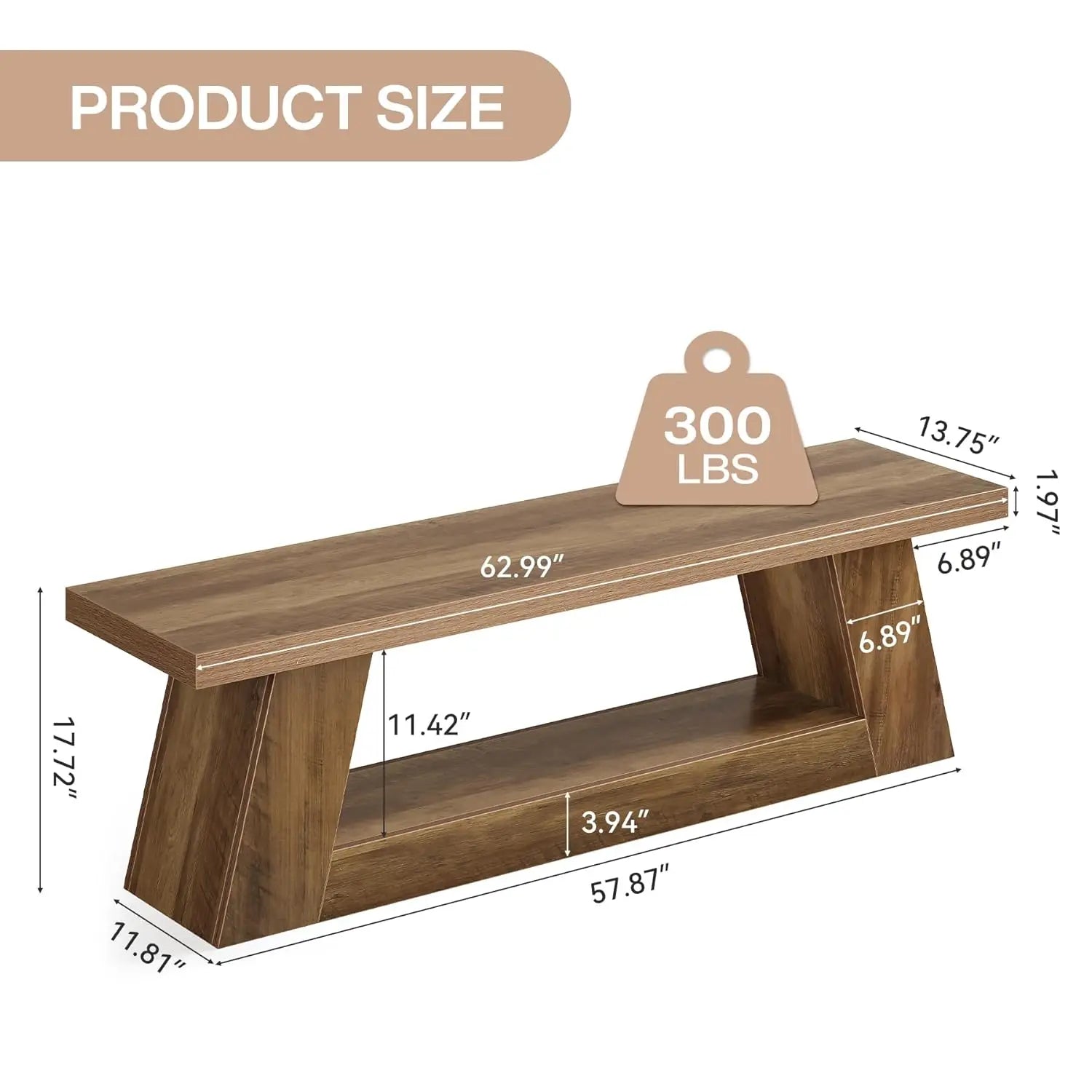 63" Wooden Entryway Bench with Storage Shelf, Rustic Extra Long Bench, 2-Tier Narrow Hallway Seating Bench for, Customized