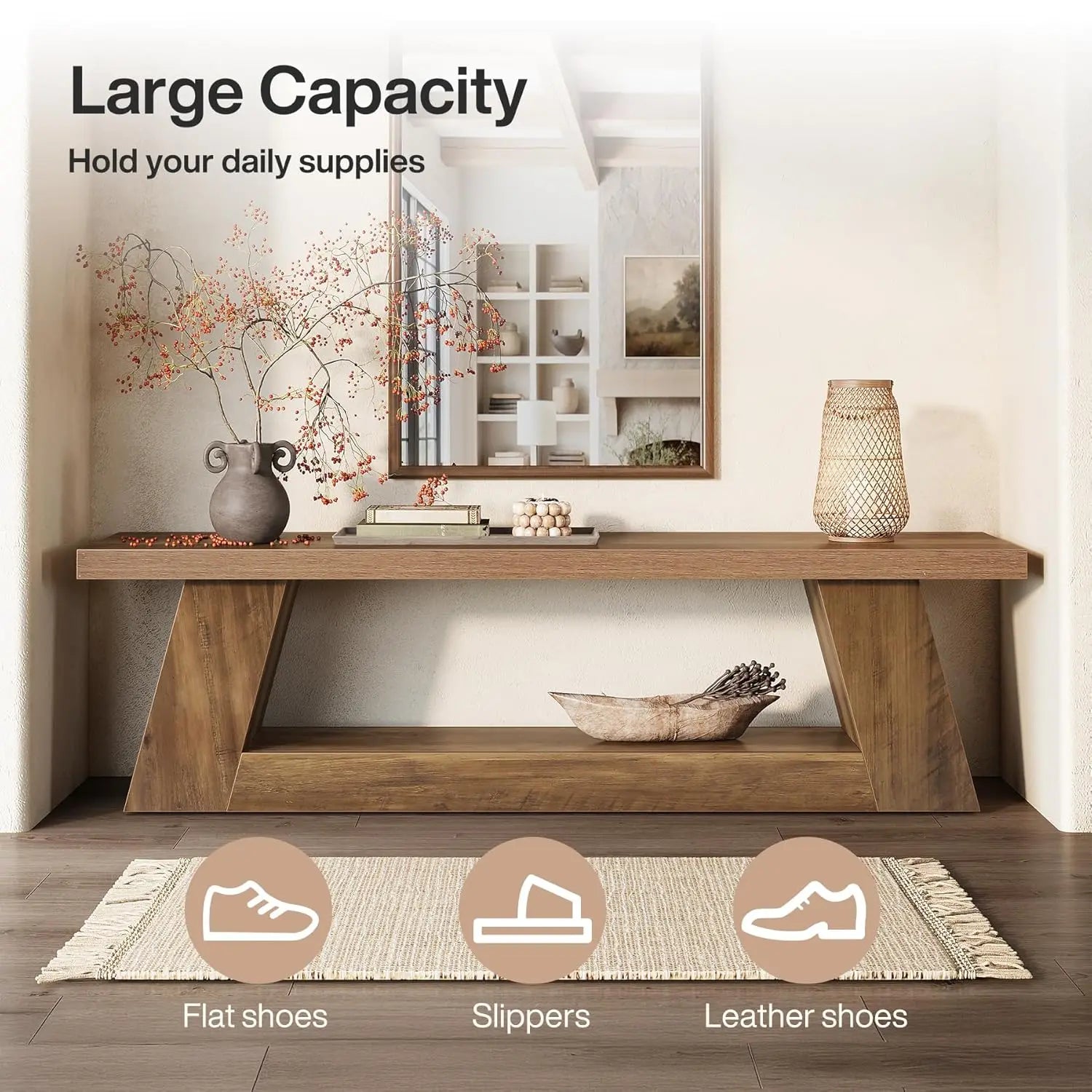 63" Wooden Entryway Bench with Storage Shelf, Rustic Extra Long Bench, 2-Tier Narrow Hallway Seating Bench for, Customized