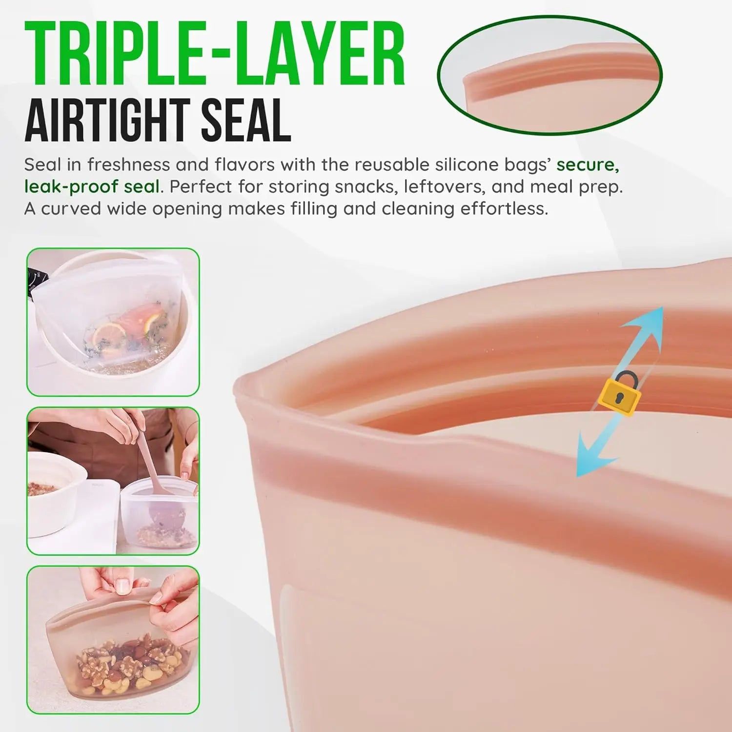 Reusable Silicone Food Storage Bags, 3-Pack Variety Set (2, 3.5, 6 Cups), Made in Korea BPA-Free Silicone, Triple-Airtight Fr