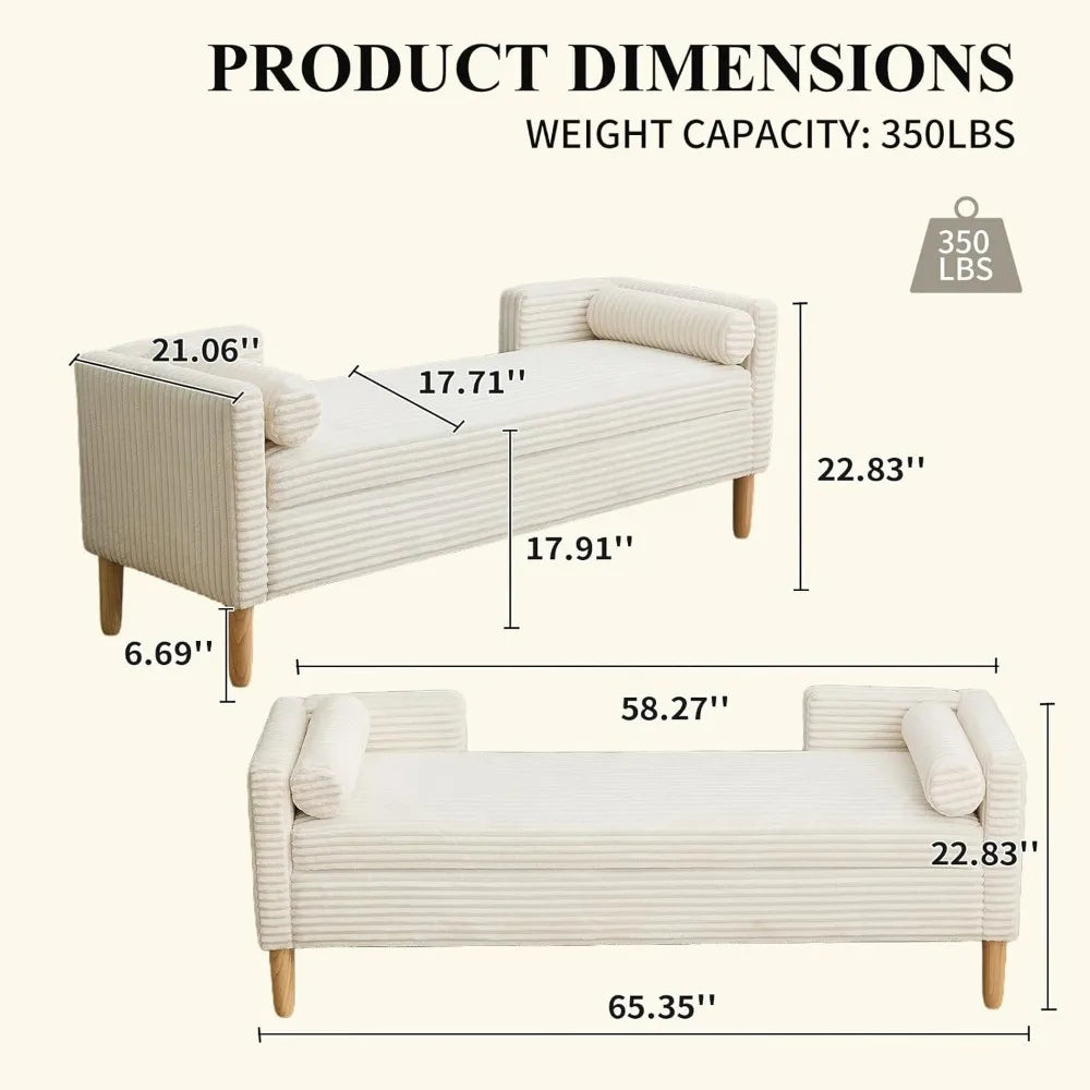 End of Bed Bench wit 65" Large Storage Ottoman Bench with 2 Pillows, Corduroy Upholstered Entryway Bench