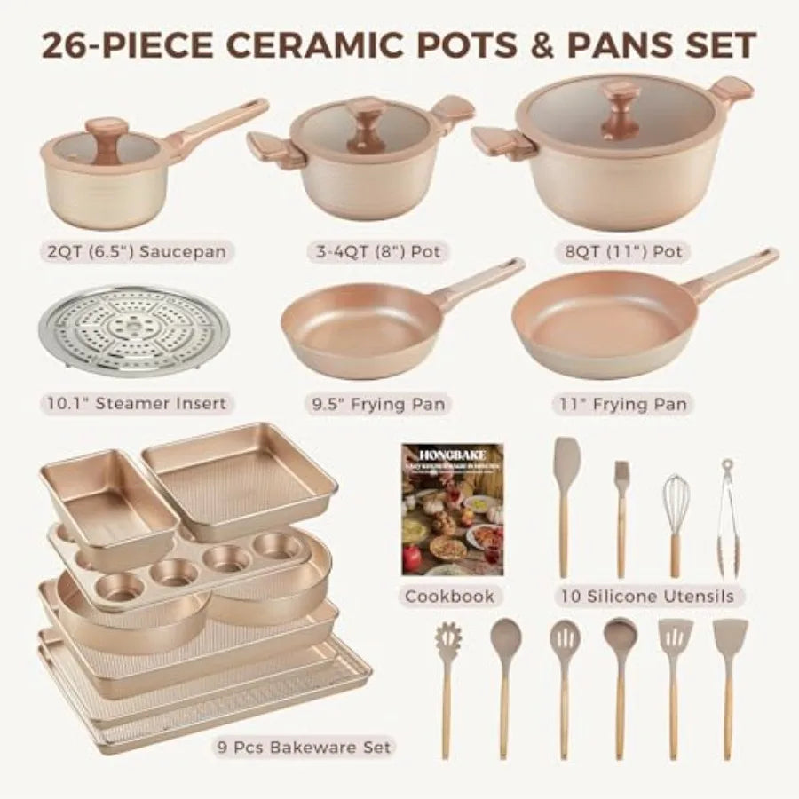 Kitchen starter set: 26-pc nonstick cookware and bakeware with silicone utensils ceramic coating induction/oven safe PFOA/PFOS-