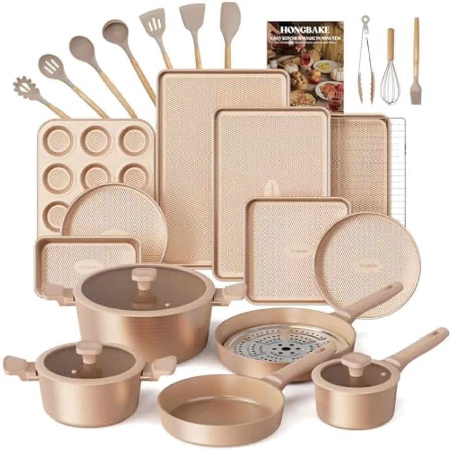 Kitchen starter set: 26-pc nonstick cookware and bakeware with silicone utensils ceramic coating induction/oven safe PFOA/PFOS-