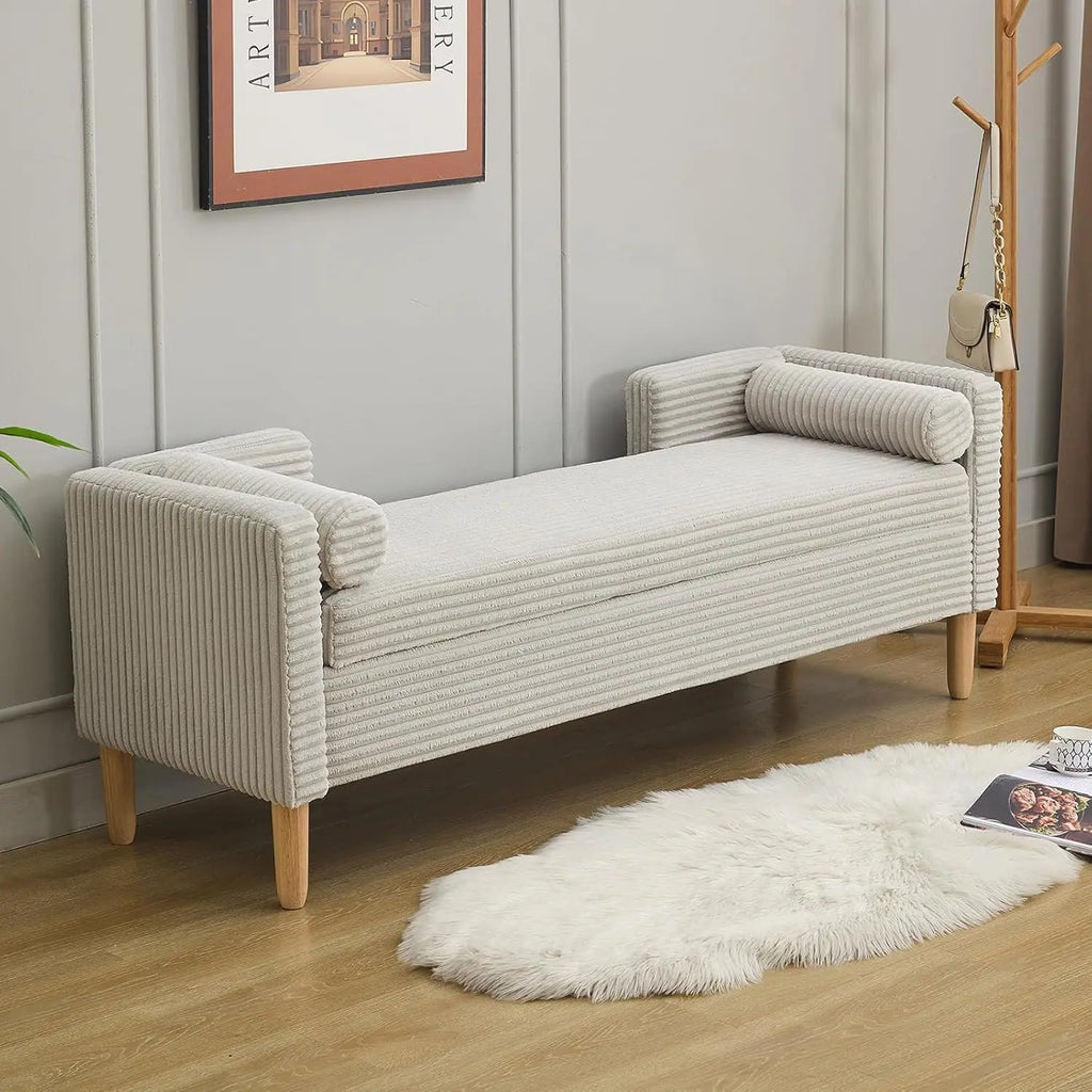 End of Bed Bench wit 65" Large Storage Ottoman Bench with 2 Pillows, Corduroy Upholstered Entryway Bench