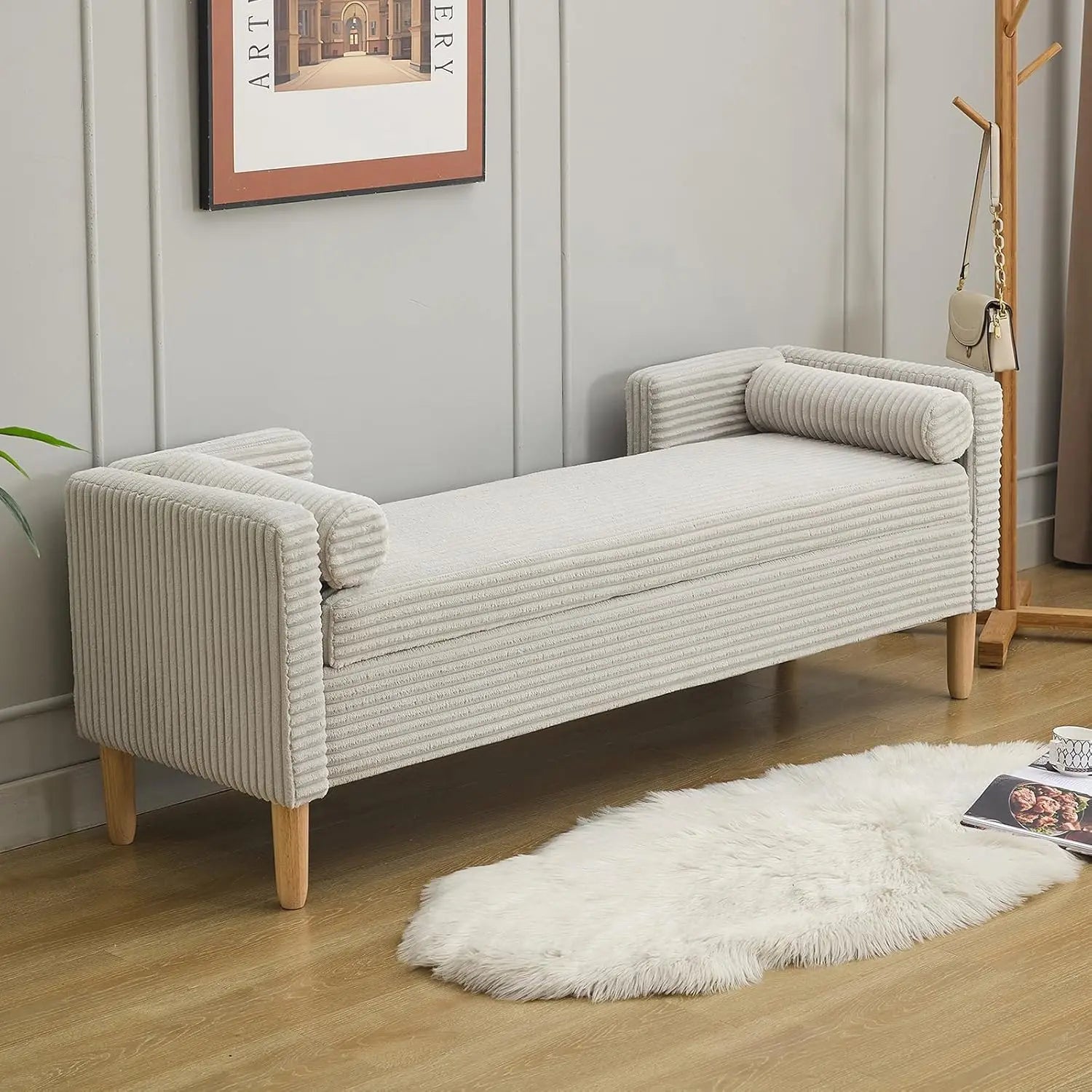 End of Bed Bench wit 65" Large Storage Ottoman Bench with 2 Pillows, Corduroy Upholstered Entryway Bench