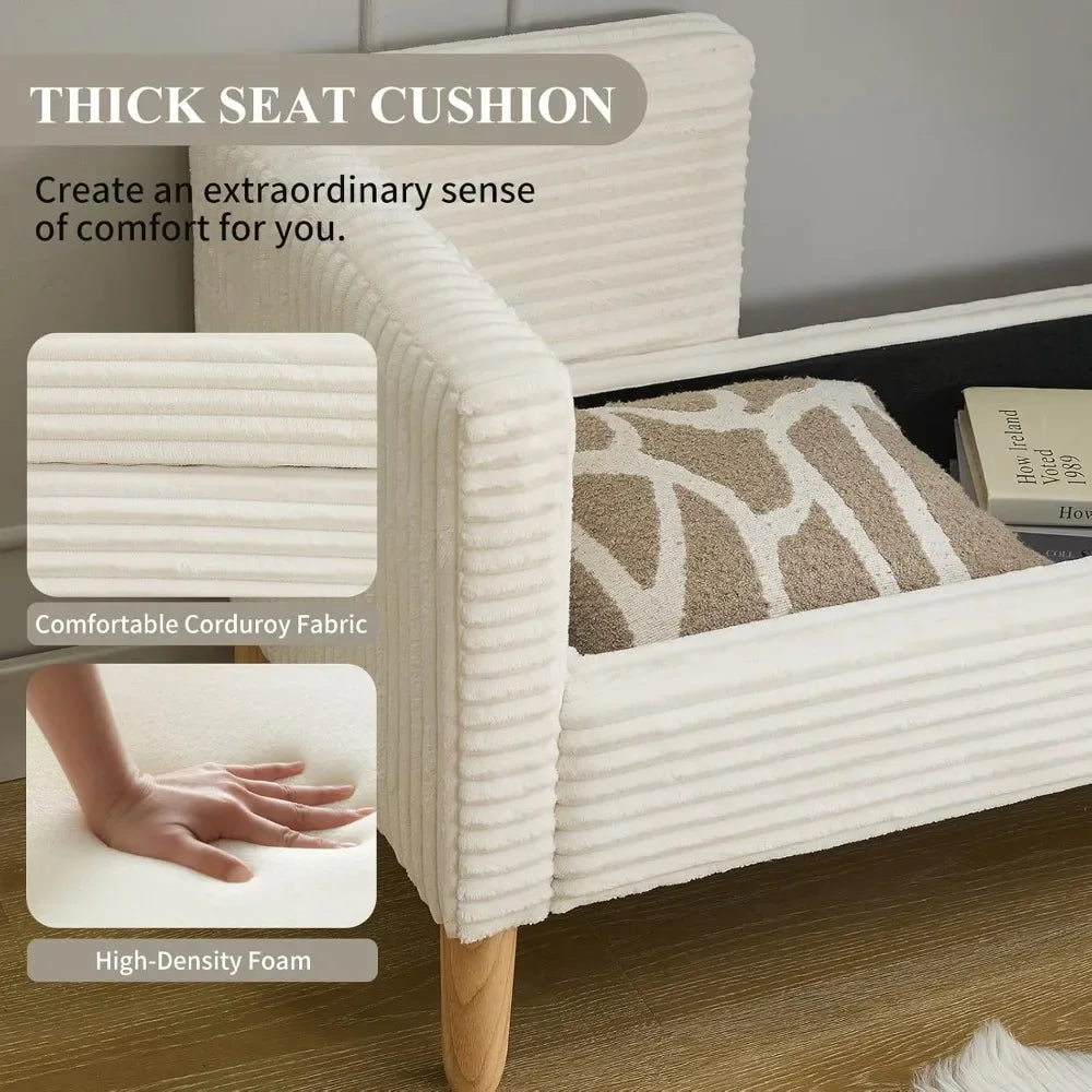 End of Bed Bench wit 65" Large Storage Ottoman Bench with 2 Pillows, Corduroy Upholstered Entryway Bench