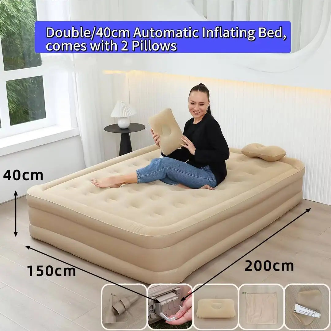 Queen Size Double Persons Automatic Inflatable Air Mattress Air Bed with Built-in Rechargeable Lithium Battery Pump