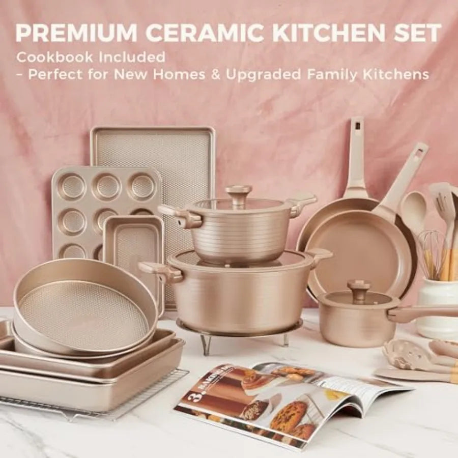 Kitchen starter set: 26-pc nonstick cookware and bakeware with silicone utensils ceramic coating induction/oven safe PFOA/PFOS-