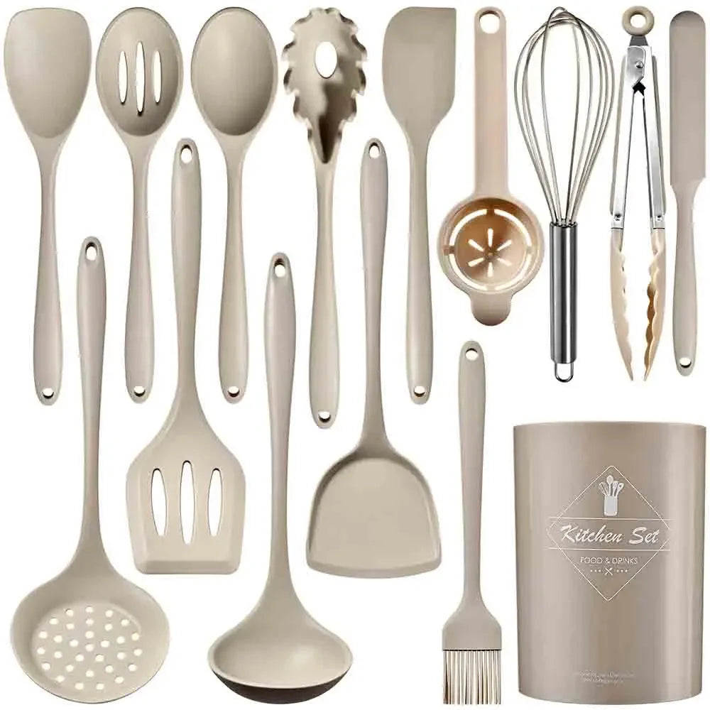 12/15Pcs Pink Food Grade Silicone Kitchen Cookware Utensils Set Turner Spatula Soup Spoon Practical Cooking Tool Kitchenware Set