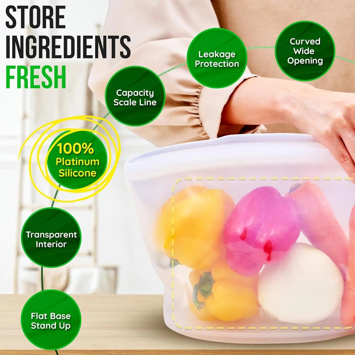 Reusable Silicone Food Storage Bags, 3-Pack Variety Set (2, 3.5, 6 Cups), Made in Korea BPA-Free Silicone, Triple-Airtight Fr