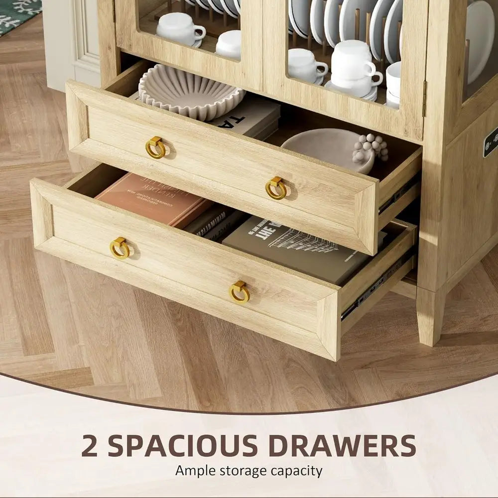71-Inch Arched Glass Curio Cabinet with 4 Shelves, 2 Drawers, 3-Color Lighting, Wood-Tone Kitchen Pantry