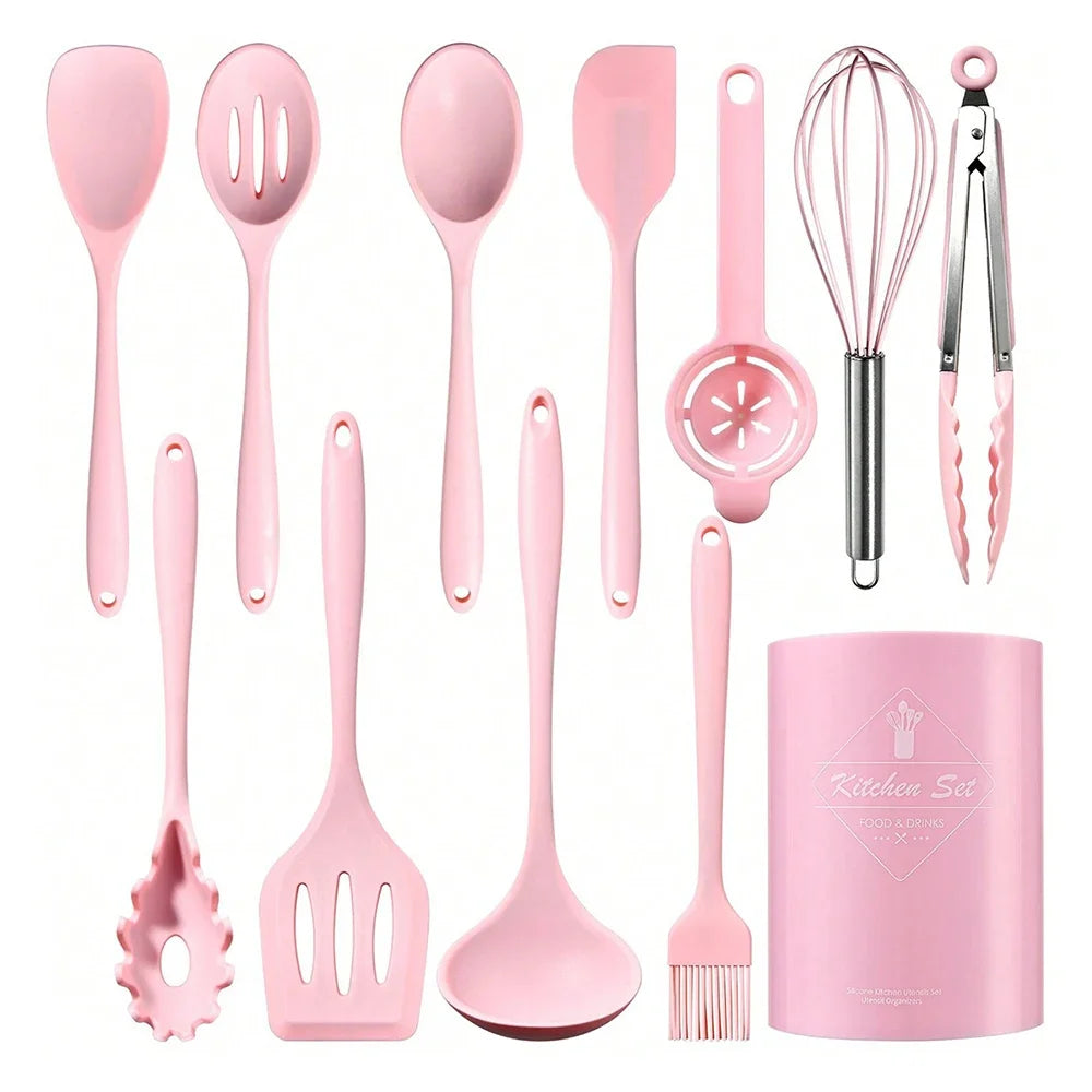 12/15Pcs Pink Food Grade Silicone Kitchen Cookware Utensils Set Turner Spatula Soup Spoon Practical Cooking Tool Kitchenware Set