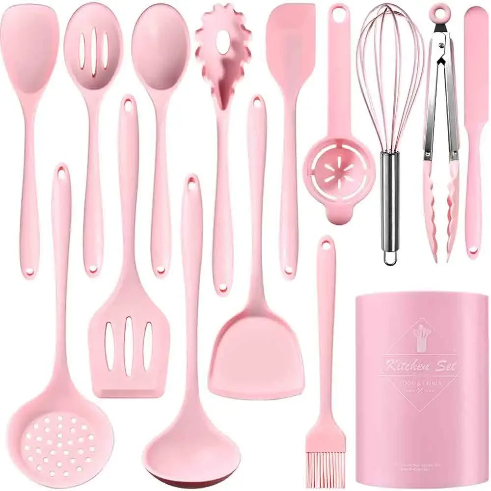 12/15Pcs Pink Food Grade Silicone Kitchen Cookware Utensils Set Turner Spatula Soup Spoon Practical Cooking Tool Kitchenware Set