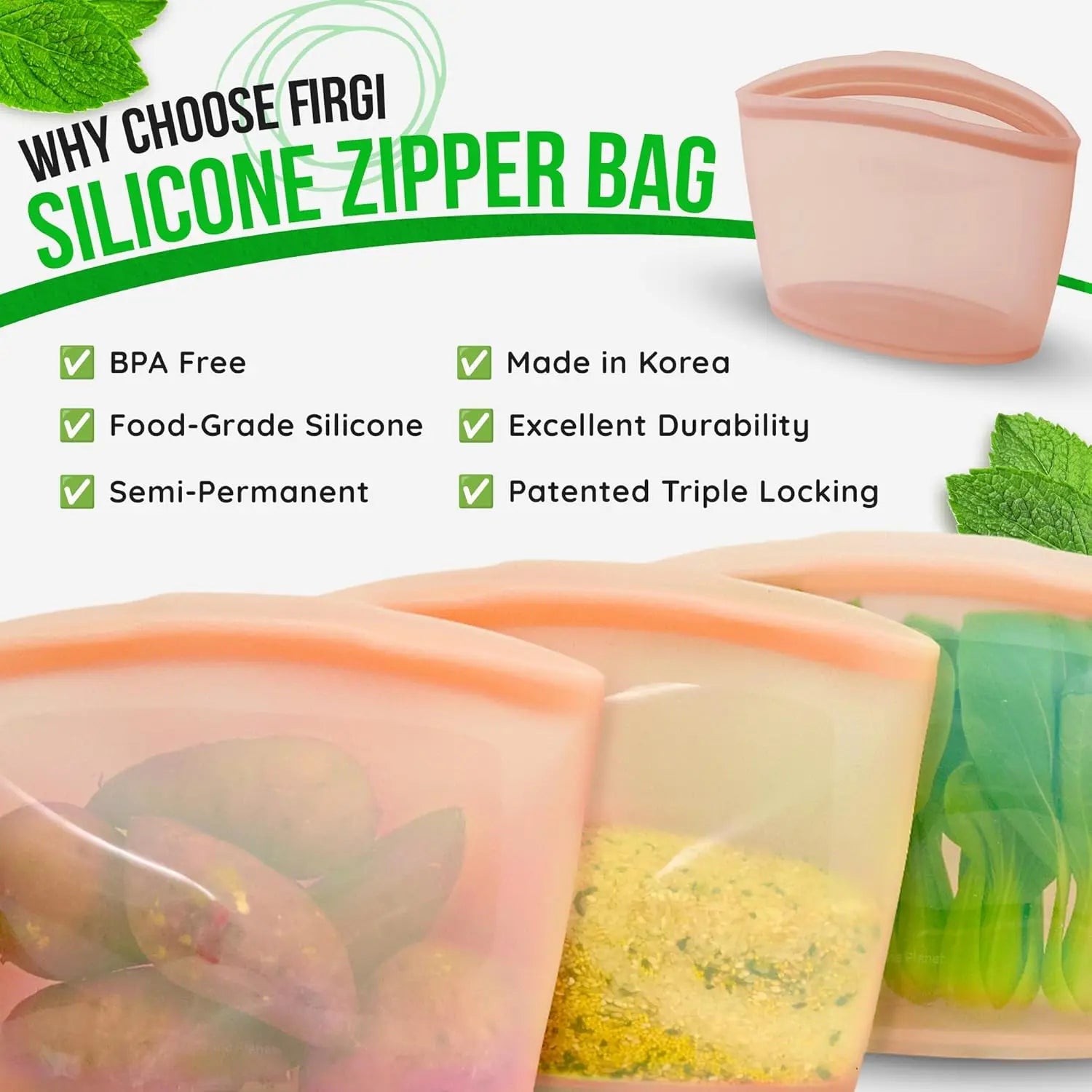 Reusable Silicone Food Storage Bags, 3-Pack Variety Set (2, 3.5, 6 Cups), Made in Korea BPA-Free Silicone, Triple-Airtight Fr