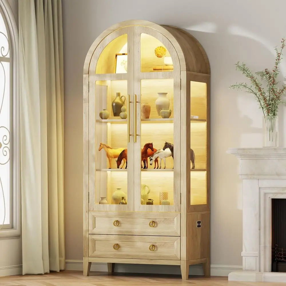 71-Inch Arched Glass Curio Cabinet with 4 Shelves, 2 Drawers, 3-Color Lighting, Wood-Tone Kitchen Pantry
