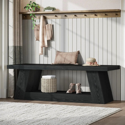 63" Wooden Entryway Bench with Storage Shelf, Rustic Extra Long Bench, 2-Tier Narrow Hallway Seating Bench for, Customized