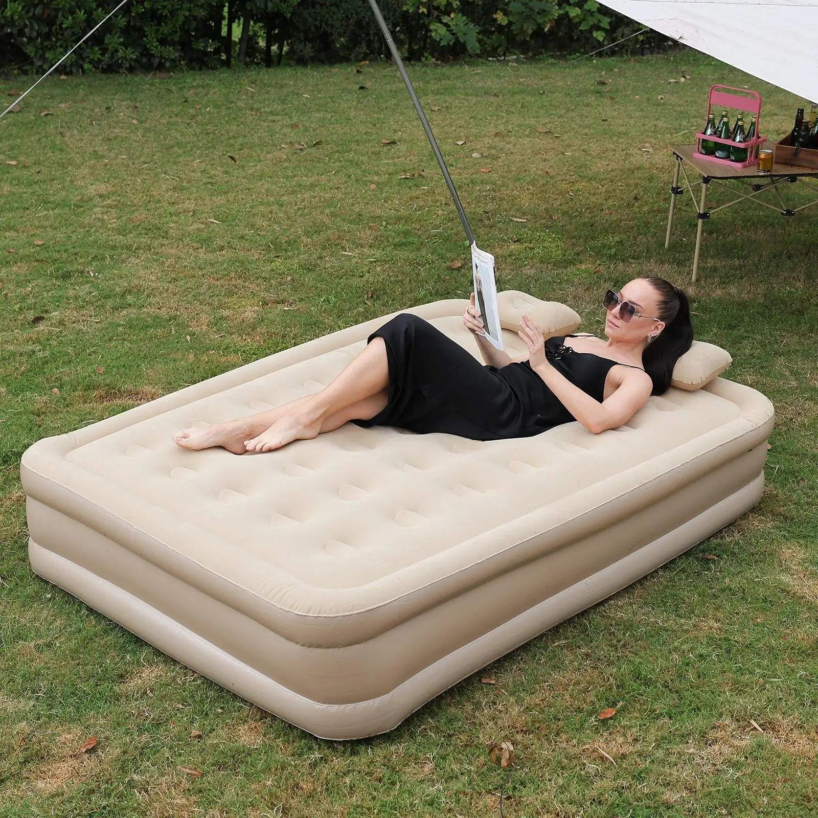 Queen Size Double Persons Automatic Inflatable Air Mattress Air Bed with Built-in Rechargeable Lithium Battery Pump