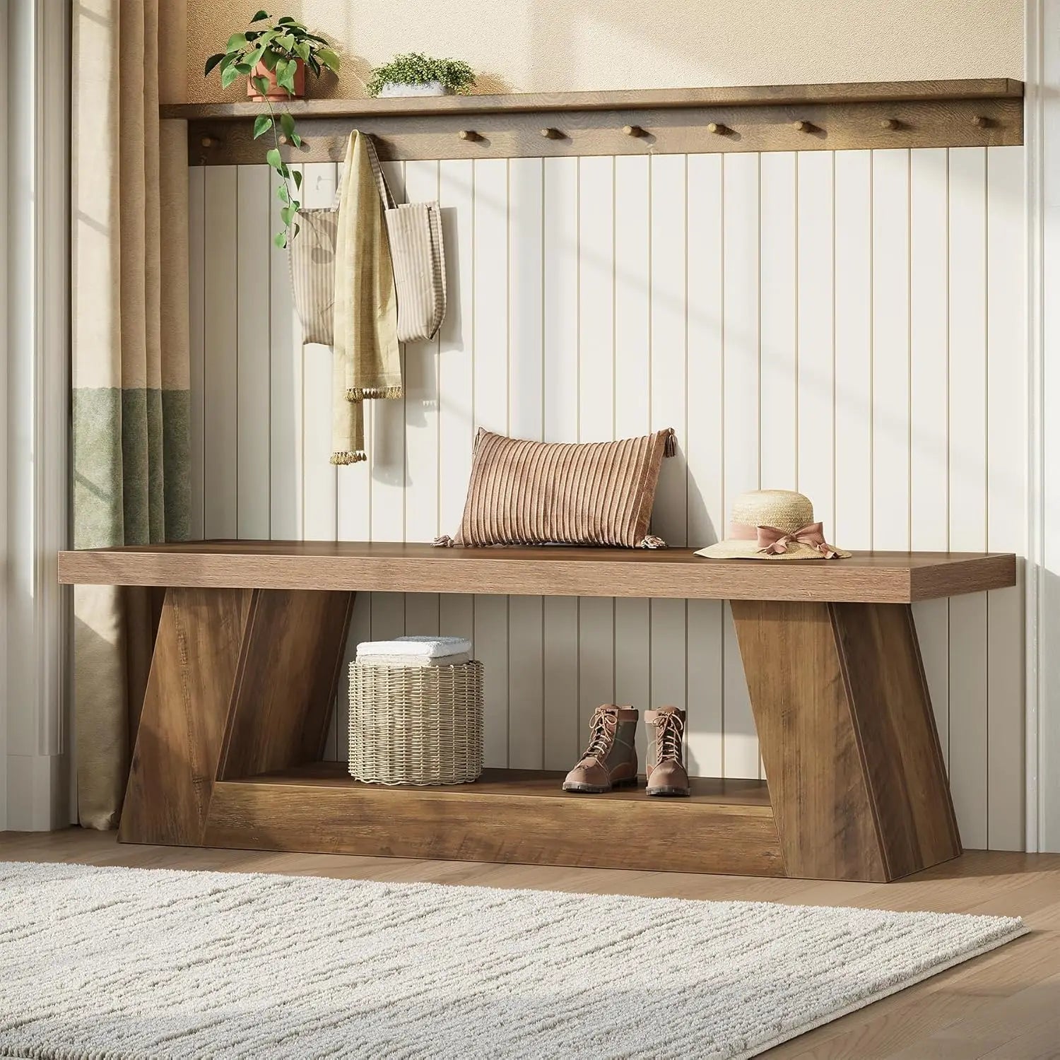 63" Wooden Entryway Bench with Storage Shelf, Rustic Extra Long Bench, 2-Tier Narrow Hallway Seating Bench for, Customized