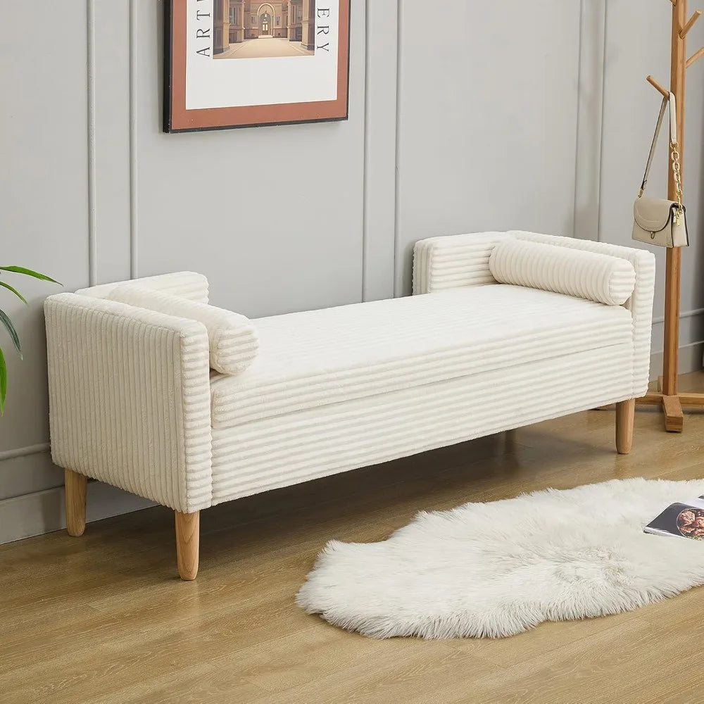 End of Bed Bench wit 65" Large Storage Ottoman Bench with 2 Pillows, Corduroy Upholstered Entryway Bench