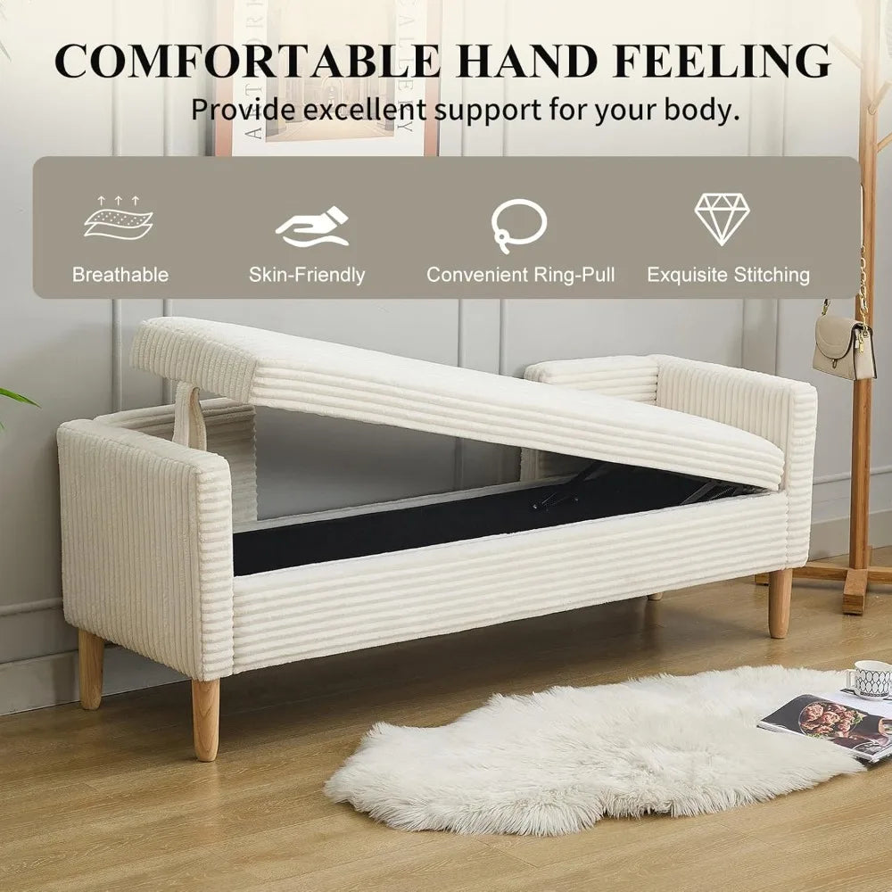 End of Bed Bench wit 65" Large Storage Ottoman Bench with 2 Pillows, Corduroy Upholstered Entryway Bench